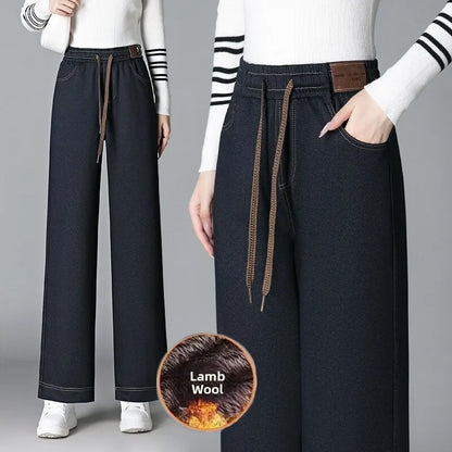 High Waist Fleece Lined Thick Wide Leg Jeans Women's Casual Straight Leg Pants Autumn Winter Loose Fit Comfortable Trousers