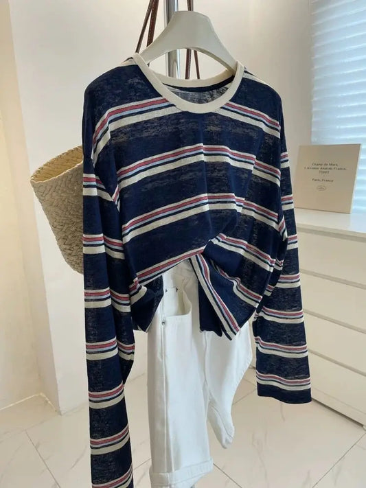 plus Size Women's Striped Long Sleeve T-Shirt Summer New Style Slimming Meat Covering Casual Loose Fit Printed Sweat Wicking