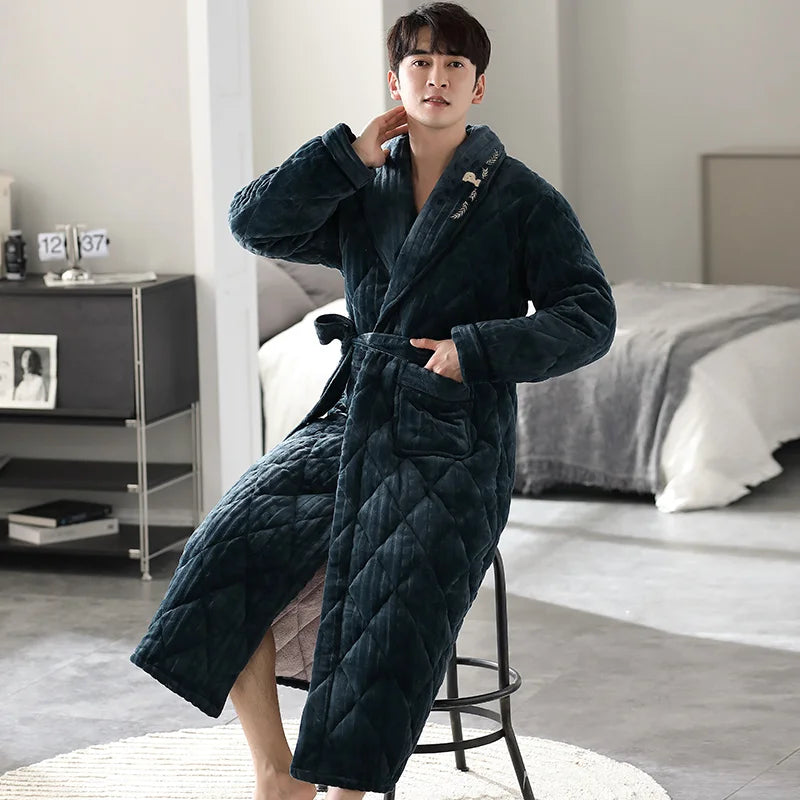 Big Size M-2XL Men Bath Robe 3 Layer Clip Cotton Bathrobe Male Dressing Gown Pijamas Hombre