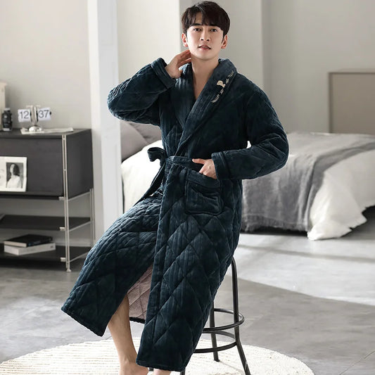 Big Size M-2XL Men Bath Robe 3 Layer Clip Cotton Bathrobe Male Dressing Gown Pijamas Hombre