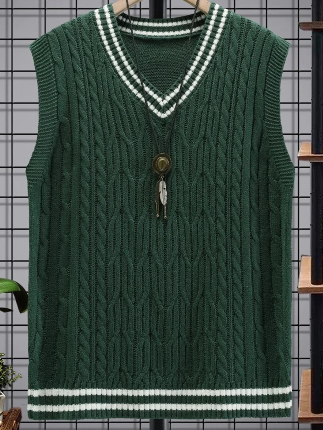 Men's Preppy Style Cable Knit Sweater Vest V Neck Sleeveless Knitwear Green Striped Trim Casual Pullover Vest For Spring Autumn