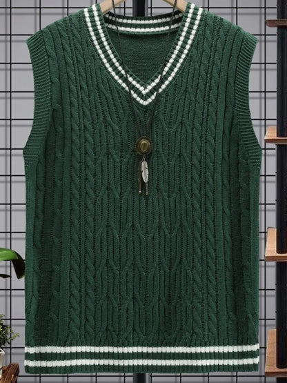 Men's Preppy Style Cable Knit Sweater Vest V Neck Sleeveless Knitwear Green Striped Trim Casual Pullover Vest For Spring Autumn