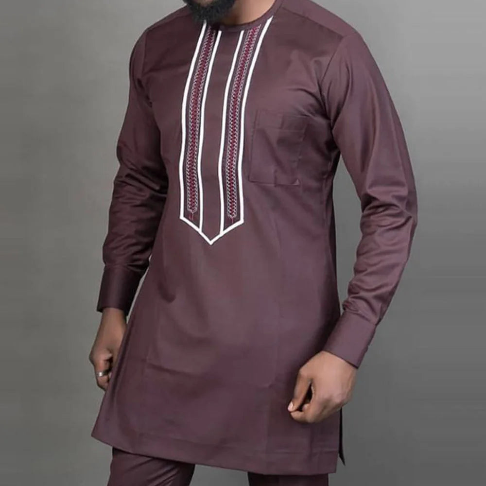 Fashionable Ethnic Embroidered Long Sleeve Long Pants Suit for Men New 2026 Style Summer Season round Neck Single Button Closure