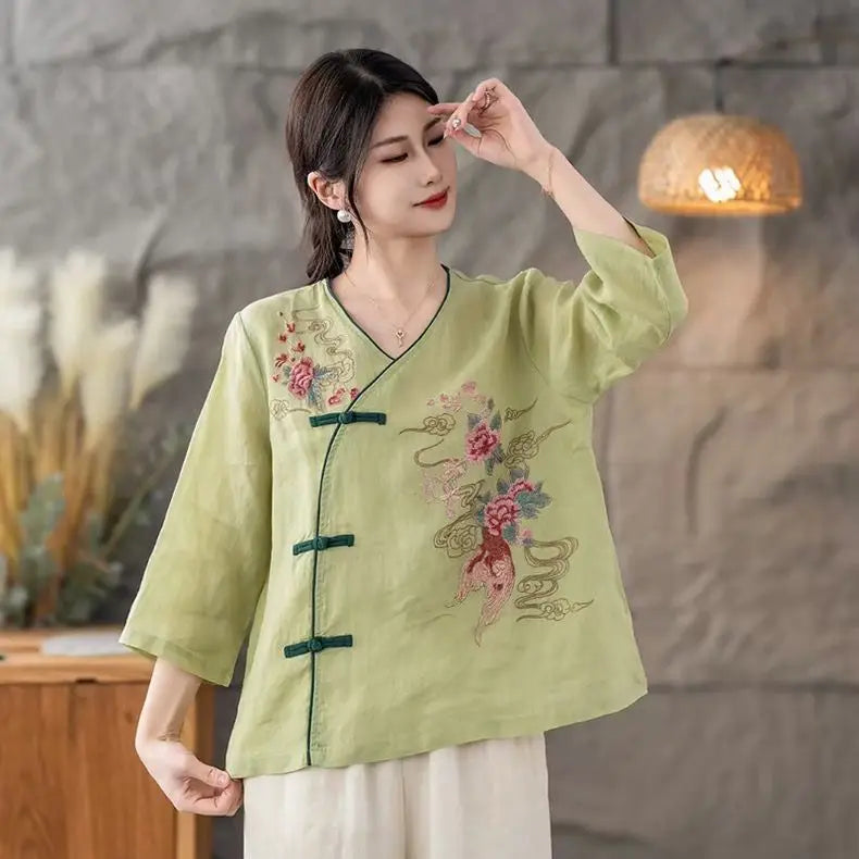 New 2025 Women's Linen Shirt V-Neck Side Button Chinese Style Loose Top National Style Floral Embroidery Thin Summer Fashion