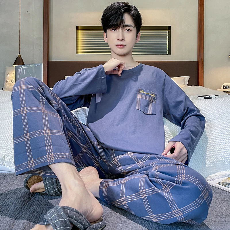 Soft Cotton Pajamas Autumn Men's Plaid Sleepwear Big Yards L-4XL Pajama Sets Casual Sleep&Lounge Pyjamas Pijamas Hombre