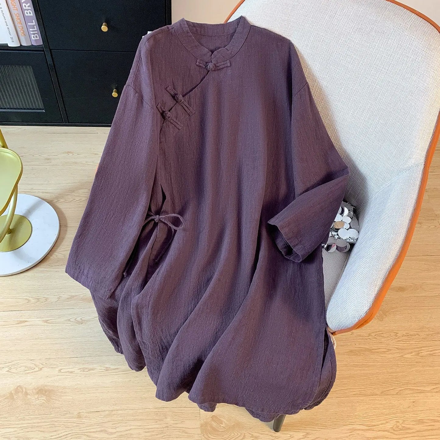 New Chinese Style Cotton Linen Women's Shirt Long Sleeve Button up Stand Collar Loose Fit Commute Fashion Mid-Length Coat