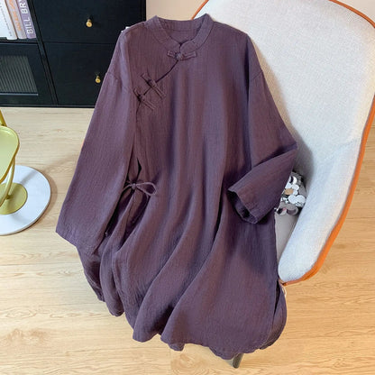 New Chinese Style Cotton Linen Women's Shirt Long Sleeve Button up Stand Collar Loose Fit Commute Fashion Mid-Length Coat
