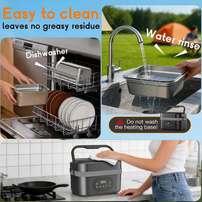 Rechargeable 6.3-Cup Electric Lunch Box with Scheduled Heating & Auto Warm for Adults - Portable Food Warmer for Work, Office &