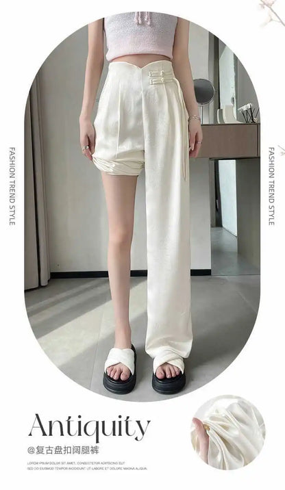 High Waist Loose Straight Pants with Button Knot Pocket New Chinese Style Satin Wide Leg Pants Spring Summer Trousers Pink Black