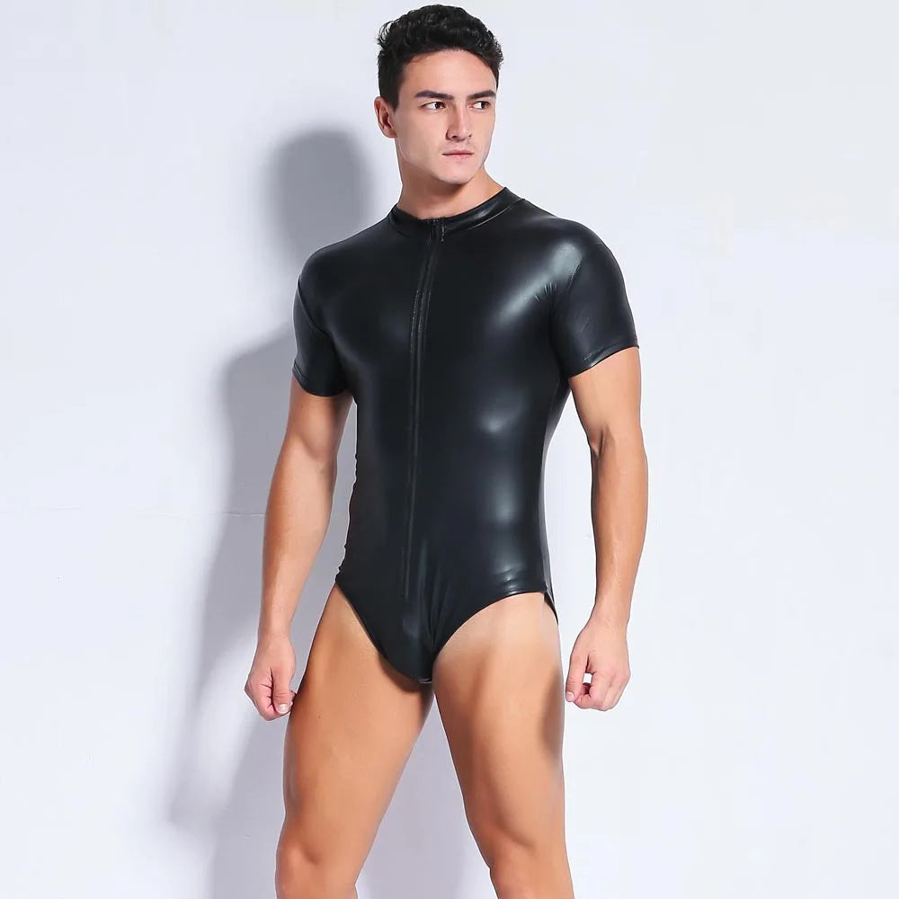 New Short Sleeve Shiny Faux PU Leather Bodysuit Men Front Zipper Tshirt Tights Hot Shapers Sexy Body Teddies Leotard Unitard