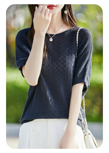 100% cotton ladies spring and summer comfortable round neck advanced design half sleeve pullover short sleeve blouse.