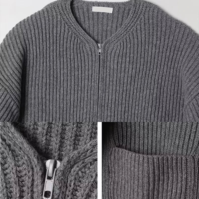Men's Solid Color Zipper Cardigan Sweater Winter New Multiple Pockets Knit Sweater Coats Casual Stand Collar Cardigan Outerwear