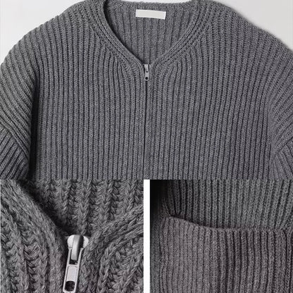 Men's Solid Color Zipper Cardigan Sweater Winter New Multiple Pockets Knit Sweater Coats Casual Stand Collar Cardigan Outerwear