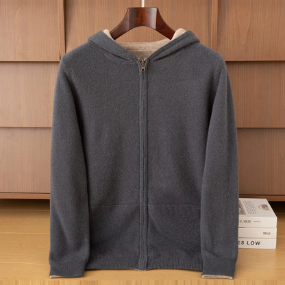 Double-Sided Cashmere Hooded Cardigan For Men Autumn And Winter Wearing Sweater Thickened Pure Wool Knitted Loose Zipper Coat