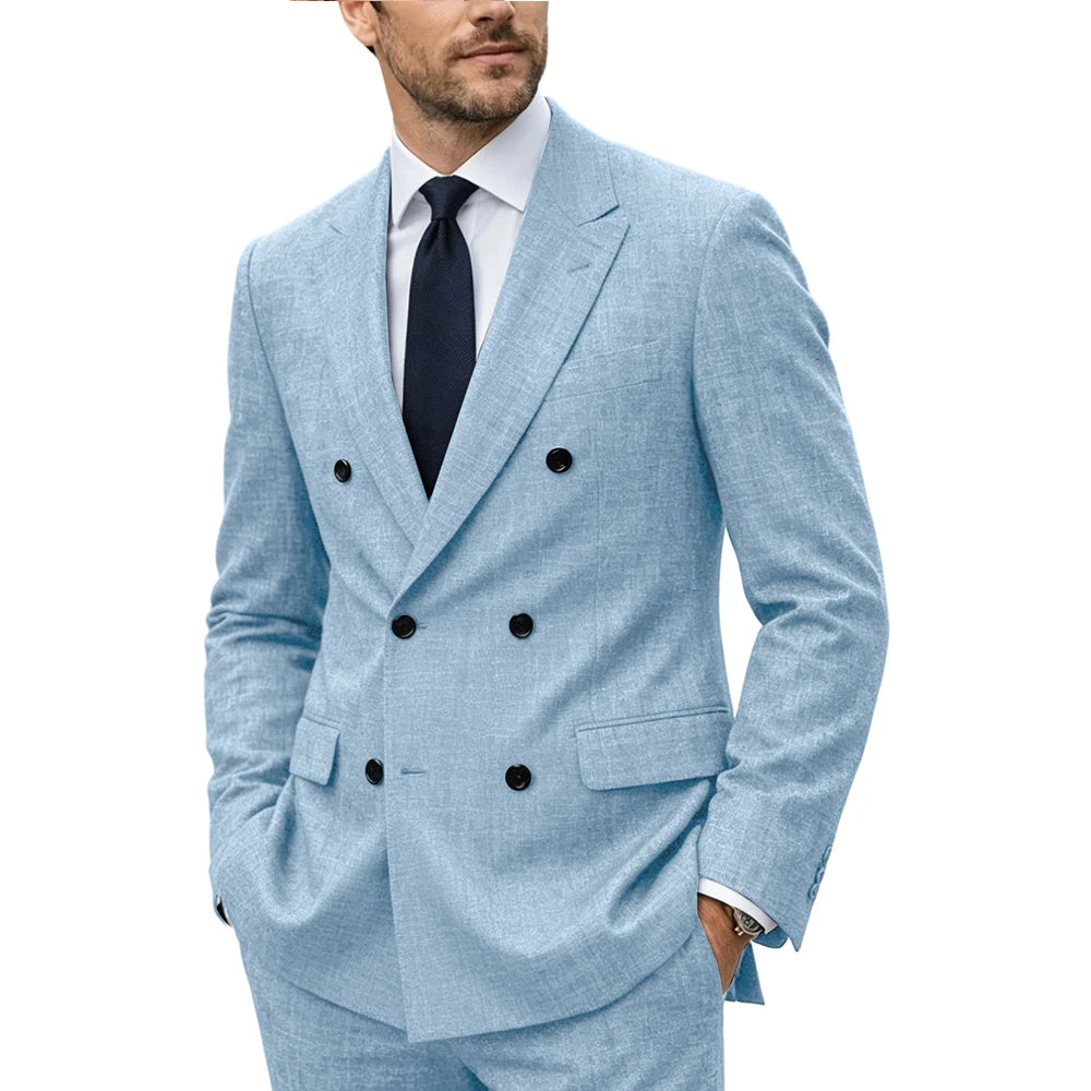 Men's Linen Suit Set  Double Breasted Slim Fit Peak Lapel Formal Blazer Pants Breathable Business Wedding Groom Tuxedo