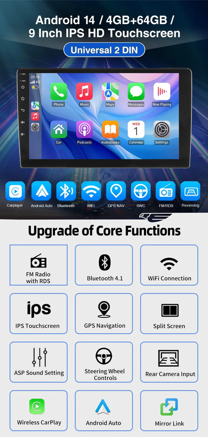 7"/9"/10“ 2 DIN Android 15 4+64G Car Stereo Multimedia Player Universal Carplay Android Auto GPS Navigation FM Radio Touchscreen
