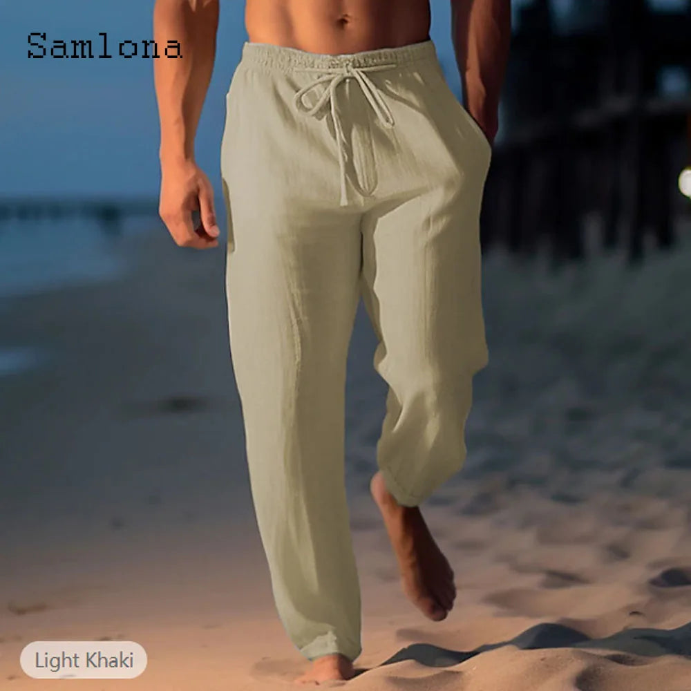 2026 new fashionable casual cotton and linen pants, solid color and ankle pants, plus size men's drawstring casual sports pants