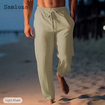 2026 new fashionable casual cotton and linen pants, solid color and ankle pants, plus size men's drawstring casual sports pants