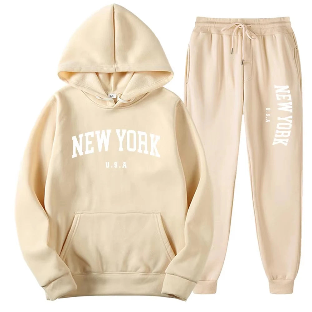 New York Print Hoodies Casual American Style Hoodie Set Mens Autumn Long Sleeves Hooded Loose Pullover Street Sweatshirt