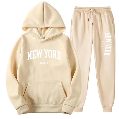 New York Print Hoodies Casual American Style Hoodie Set Mens Autumn Long Sleeves Hooded Loose Pullover Street Sweatshirt