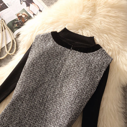 Spring Autumn Winter Tweed Color Block Vest Skirt Set  Knot Elegant Fashionable Two Piece Set Women's Luxury Style