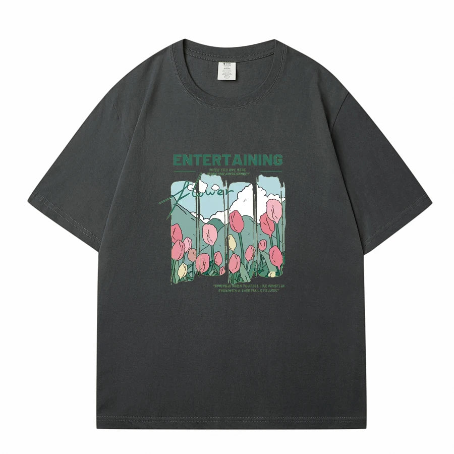 WAVLATII Women New Comics Flowers Printed T shirts Female Beige Streetwear Summer Tees Lady Casual Short Sleeve Tops WT2329