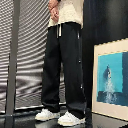 Trendy Star Pattern Jogger Pants Thick Fleece Lining Relaxed Modern Fit Autumn Winter Sports Casual Trousers for Men