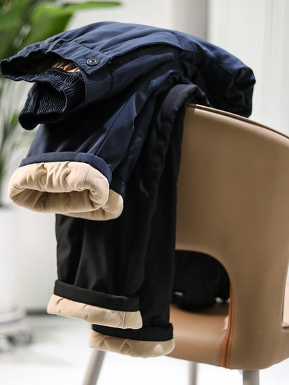 Thickened Fleece Winter Casual Pants Men's Straight Leg Cotton Trousers Warm Fashionable Long Pants Polyester Fiber 100%