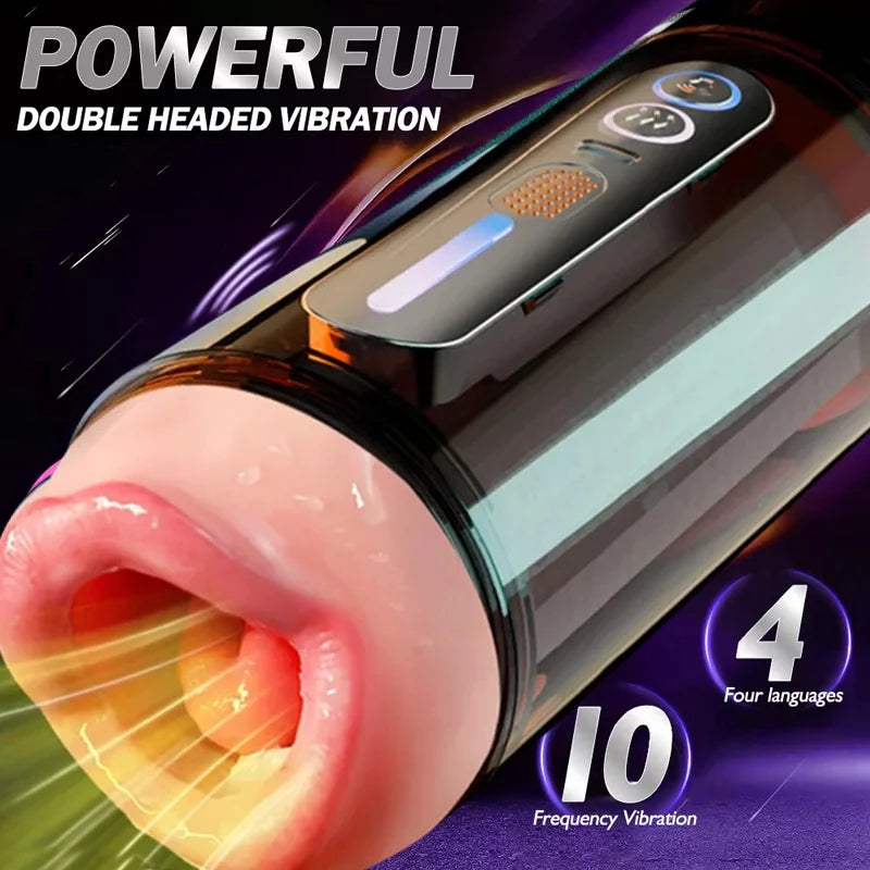 New Automatic Male Realistic Double Penetration Channel Vibration Deep Throat Vagina Heating Voice Pocket Cat Adult Sex Toy