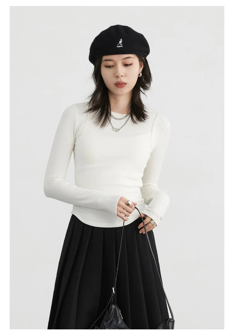 CHIC VEN Women T-Shirts Solid New Basic Heating Cashmere Round Neck Woman Tees Slim Fit Female Tops Spring Autumn 2024