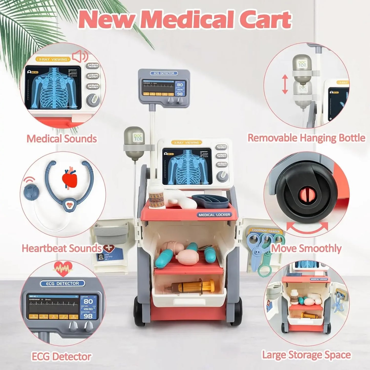 Doctor Toy Set for Kids Pretend Play Medical Trolley Kit with Stethoscope Simulated ECG Machine Doctor Role Play Tools Gift