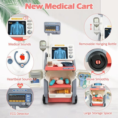 Doctor Toy Set for Kids Pretend Play Medical Trolley Kit with Stethoscope Simulated ECG Machine Doctor Role Play Tools Gift