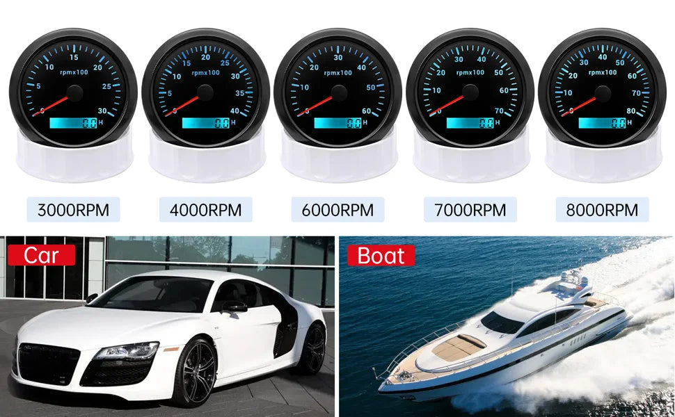 85MM Tachometer with LCD Hour Meter For Marine Boat Car RPM Gauge 8000rpm 6000rpm RPM Meter Tach Gauge 7 Colors LED Backlight