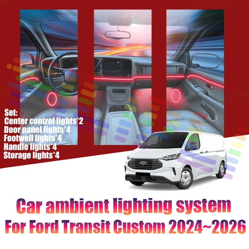 For Ford Transit Custom 2024~2026 MK2 Car LED Ambient Lamps Colorful Atmosphere Lights Auto Interior Neon Strip 64 RGB Lighting