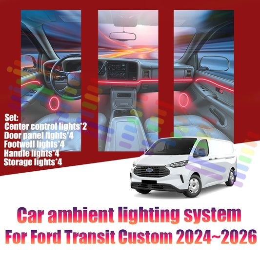 For Ford Transit Custom 2024~2026 MK2 Car LED Ambient Lamps Colorful Atmosphere Lights Auto Interior Neon Strip 64 RGB Lighting