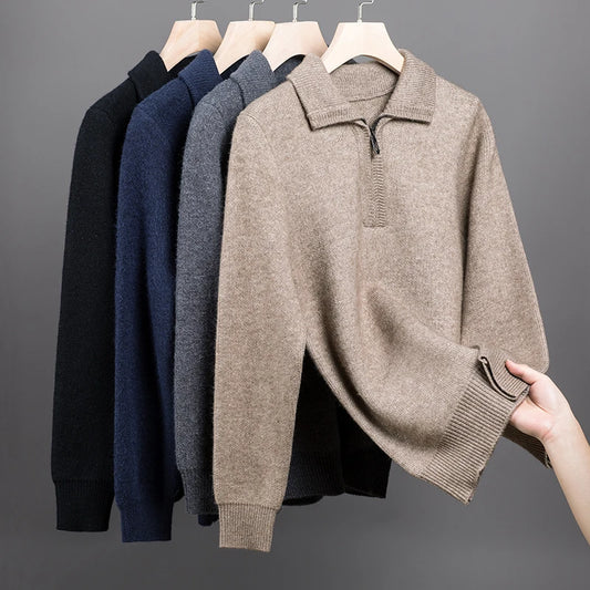 New Men Cashmere Sweater for Warm Comfort Knitted Long Sleeved O-neck Zipper Pullover Alpaca Sweater Male Brand