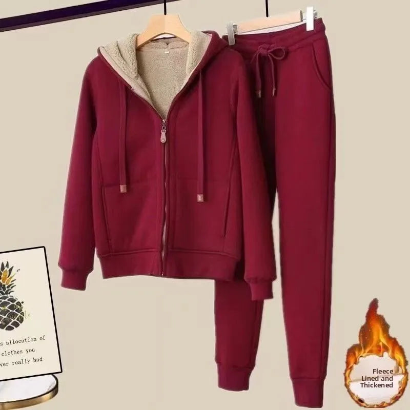 Thickened Fleece Hooded Long Sleeve Sports Casual Set Women Winter Style Cleanfit Short Jacket Trendy Sports Pants