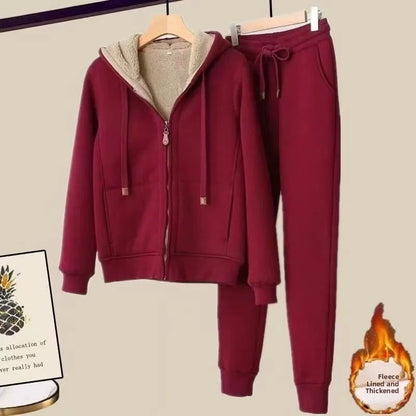 Thickened Fleece Hooded Long Sleeve Sports Casual Set Women Winter Style Cleanfit Short Jacket Trendy Sports Pants