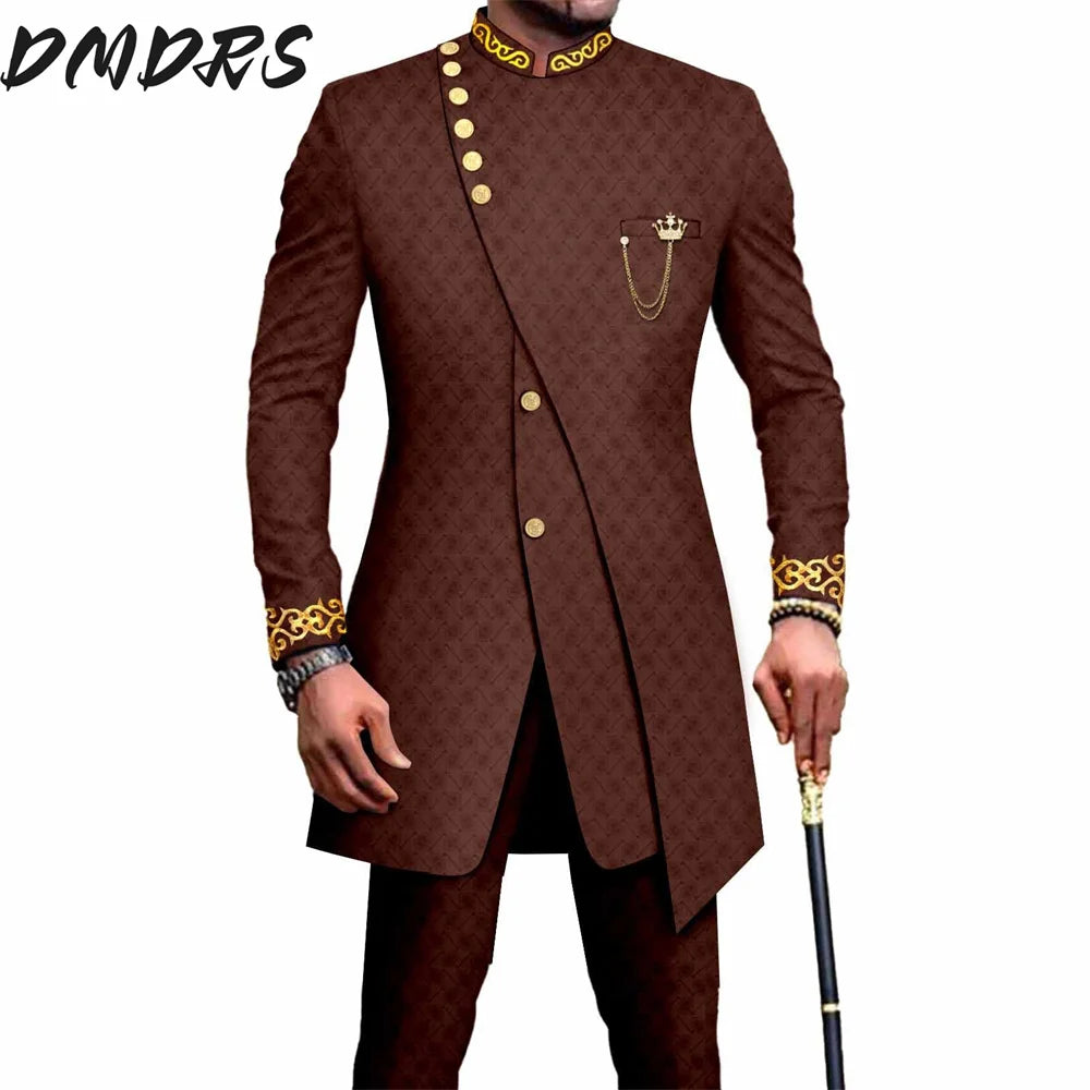 Elegant African National Printing Batik Men's Casual 2PCS Suit For Wedding Dinner Event Suit terno masculinos complete costume