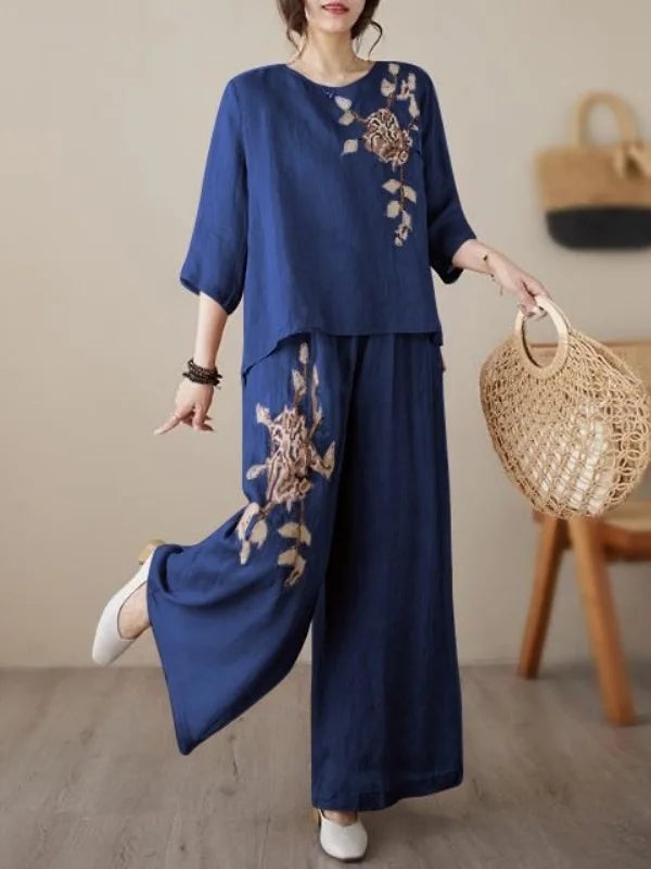 plus Size Women's Retro Cotton Linen Set Wide Leg Pants Slimming Mom Two Piece Suit Spring Fashion Korean Style Commute Wear