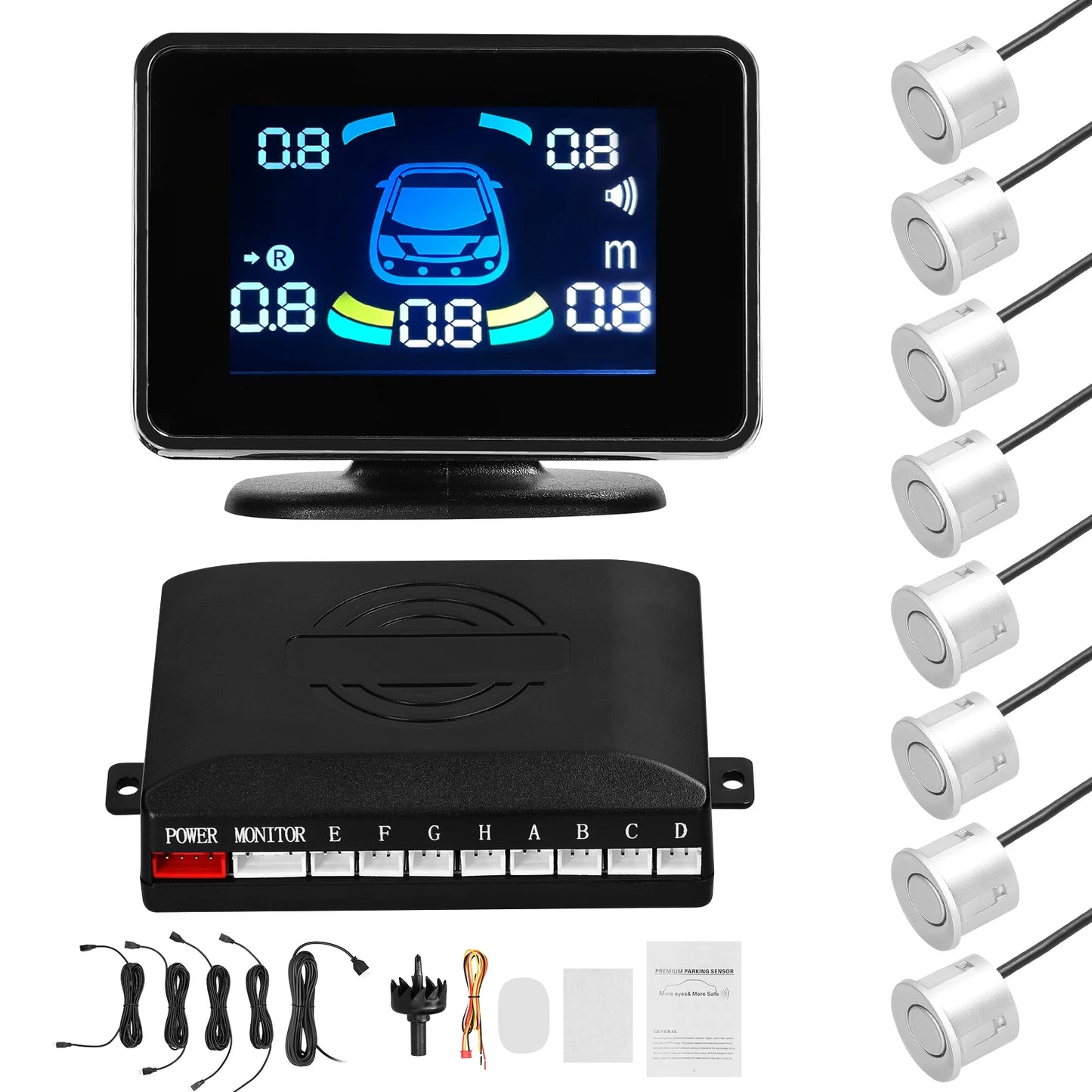 Car Parking Sensor Reversing Radars System Front & Rear Support Sound Warning/Buzzer with 8 Parking Sensors Distance Detection