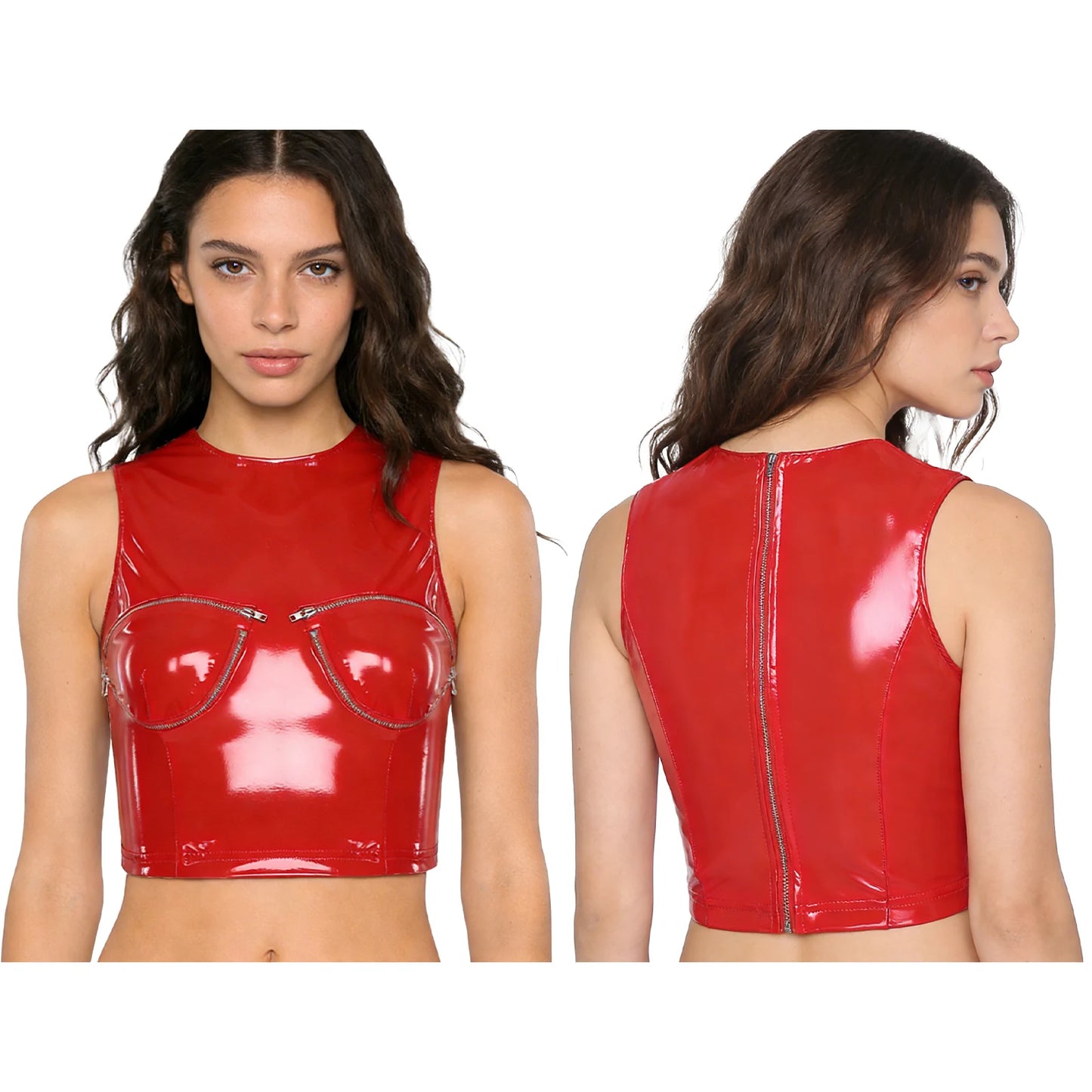 Womens Shiny PU Leather Front Zipper Crop Top Wet Look Crew Neck Sleeveless Back Zipper Slim Fit Tank Top Rave Party Blouse
