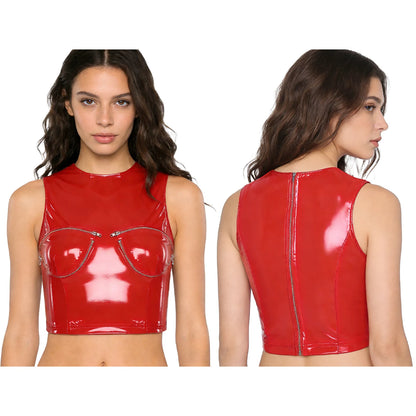 Womens Shiny PU Leather Front Zipper Crop Top Wet Look Crew Neck Sleeveless Back Zipper Slim Fit Tank Top Rave Party Blouse
