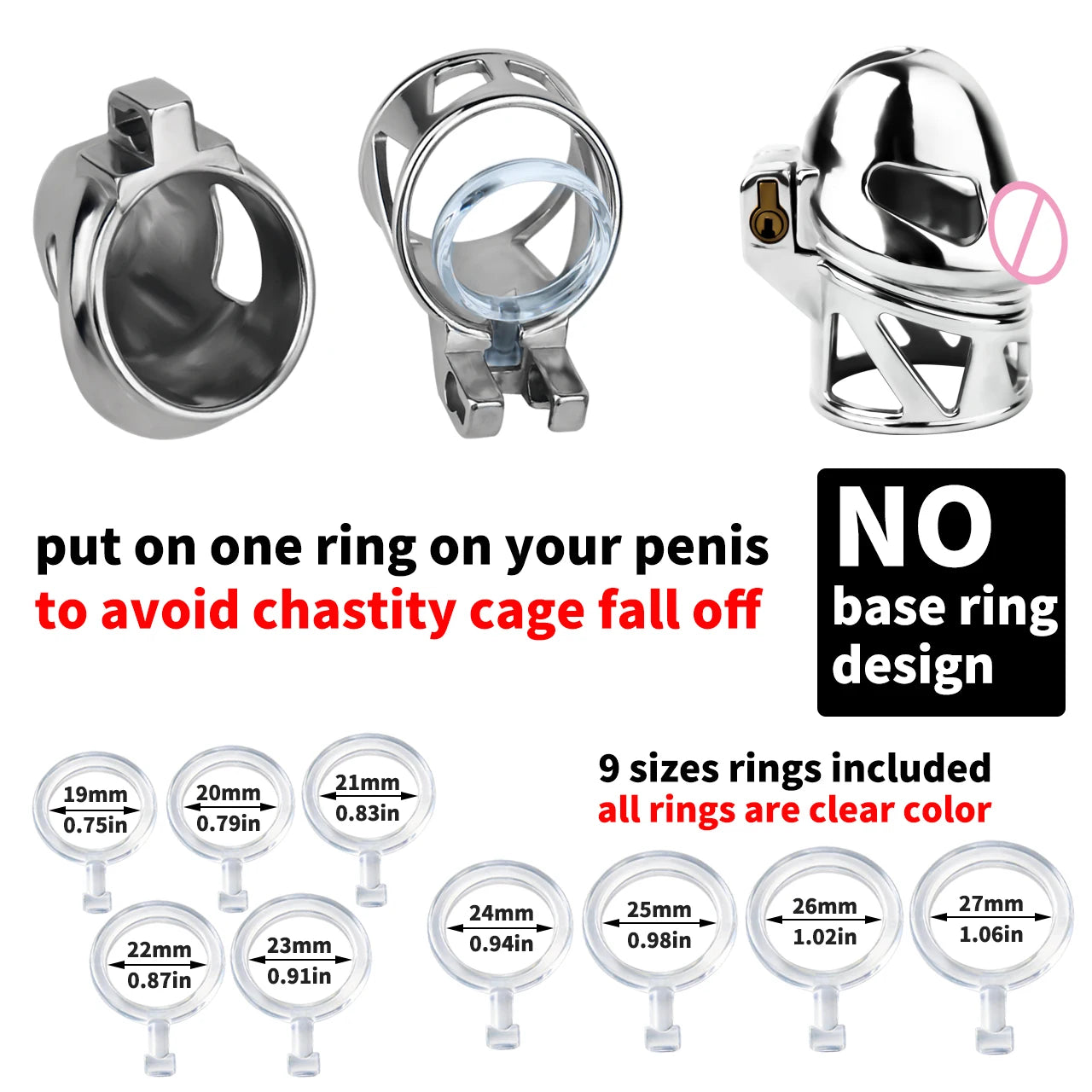 FRRK Male Chastity Cage No Base Ring Bullet Penis Design Lock Elastic Strap Belt Harness 9 Sizes Cock Ring Bondage Adult Sex Toy