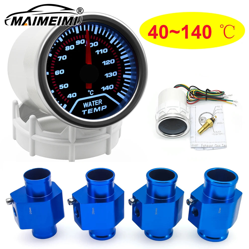52mm Water Temperature Gauge with Water Temp Sensor Temp Joint Adapter Sensor 1/8 NPT Smoked Faced 40-140℃ Meter Auto White LED
