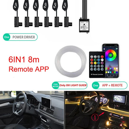 Neon LED Ambient Lighting Car 6in1 8m RGB LED Atmosphere Interior Strip Light Fiber Optic APP Control Auto LED Decorative Lamp