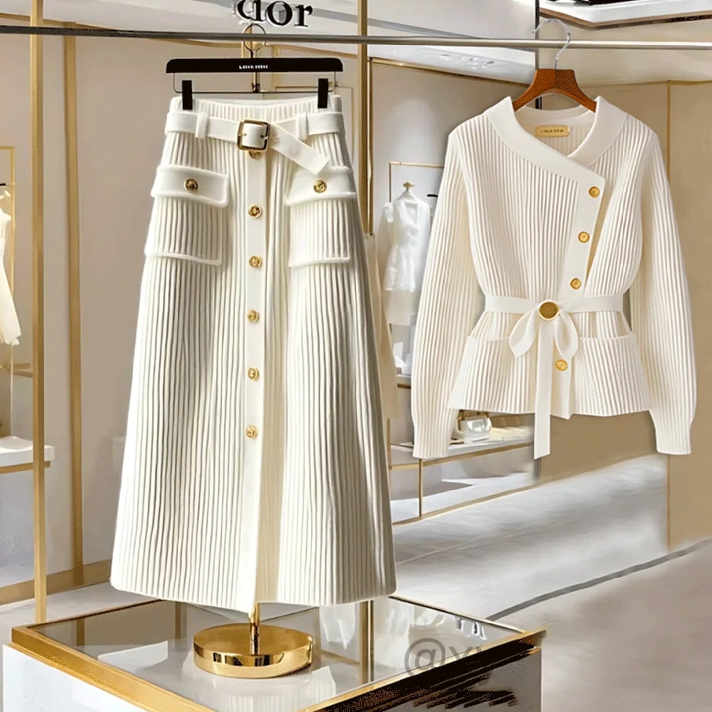 Elegant Autumn Winter Knitted Sweater Long Sleeve Women's Skirt Set High Waist Loose Fit Fashionable Two-Piece Ensemble