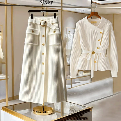 Elegant Autumn Winter Knitted Sweater Long Sleeve Women's Skirt Set High Waist Loose Fit Fashionable Two-Piece Ensemble