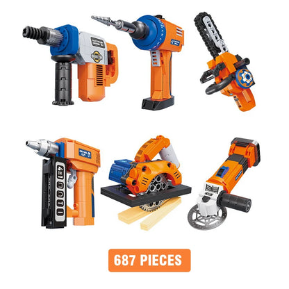 Pretend Play Mini Tool Set Building Blocks DIY Nail Gun Chainsaw Angle Grinder Circular Saw Educational Toy Boys Birthday Gift
