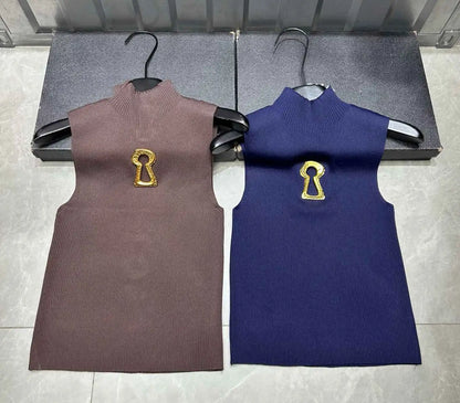 Spring Summer Solid Spliced Metal Buckle Slimming Knit Tshirt For Women Turtleneck Sleeveless Minimalist T Shirt Female Fashion